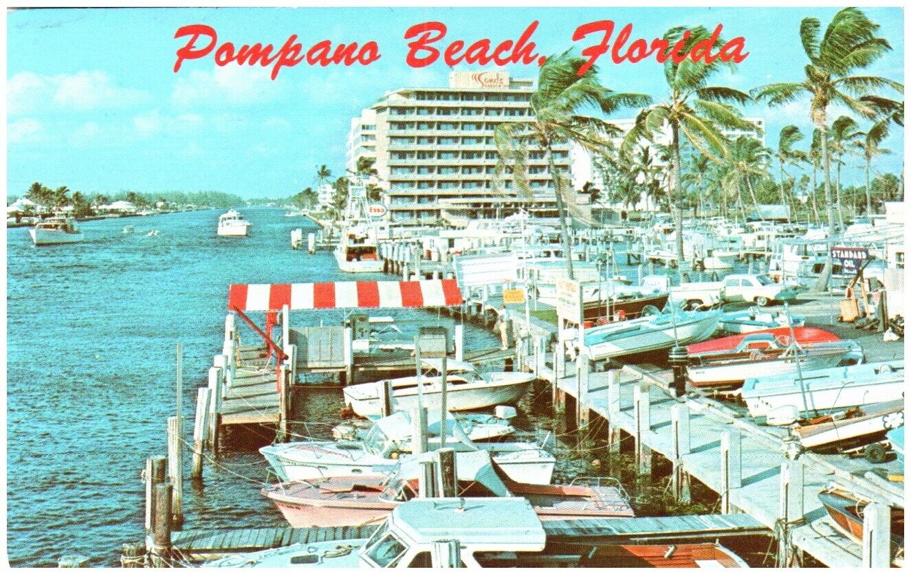 Vtg Postcard  ~ Pompano Beach Florida ~ Yacht Basin~ Older Boats ~ Buildings