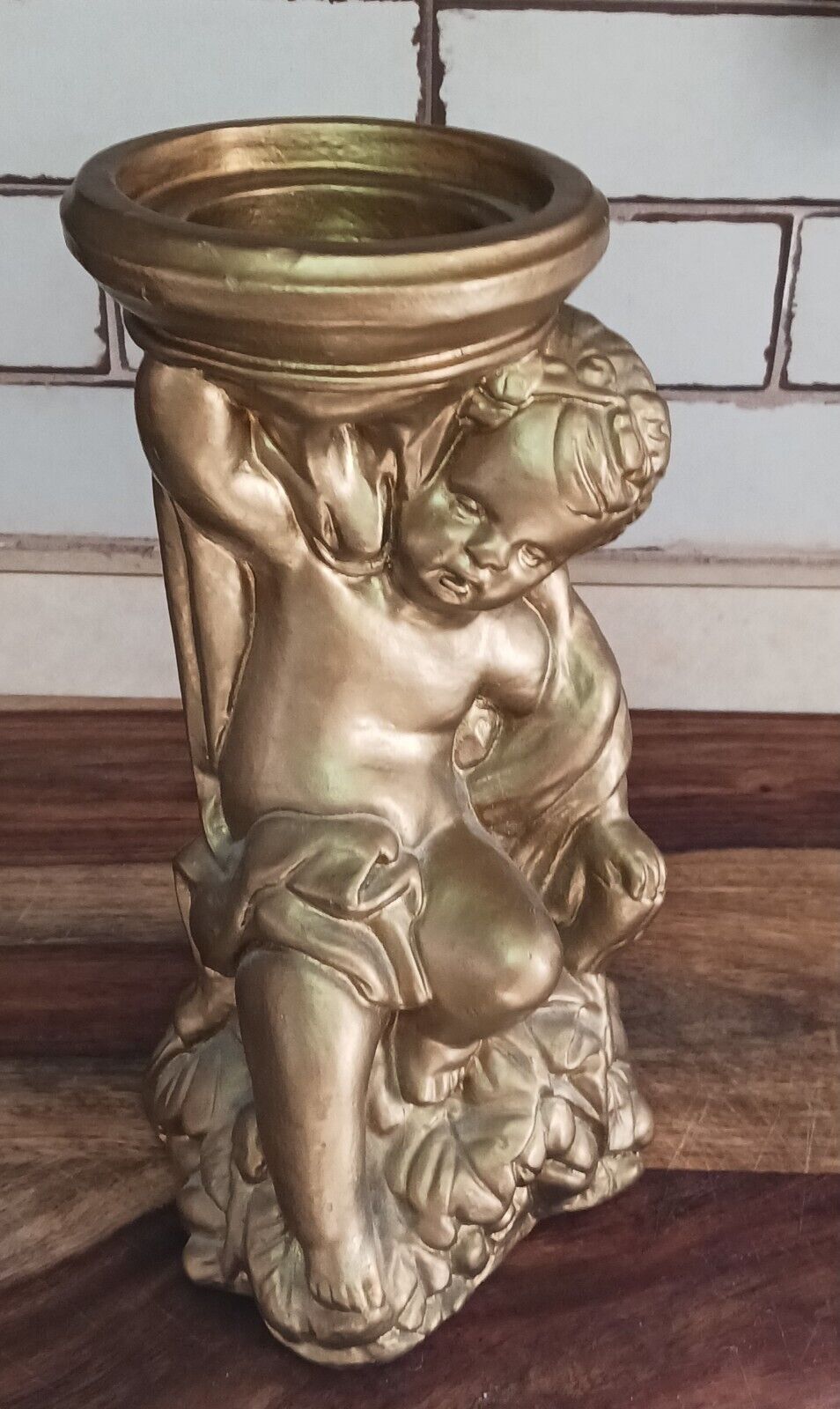 Vintage Gold Gilt Chalkware Cherub/Angel Statue Trinket Dish Candle Holder 9\