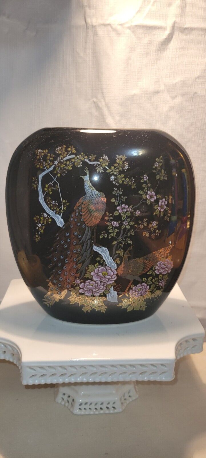 Vintage Japanese Yamaji Black Porcelain Narrow Vase Peacock Gold Accents 7.25\