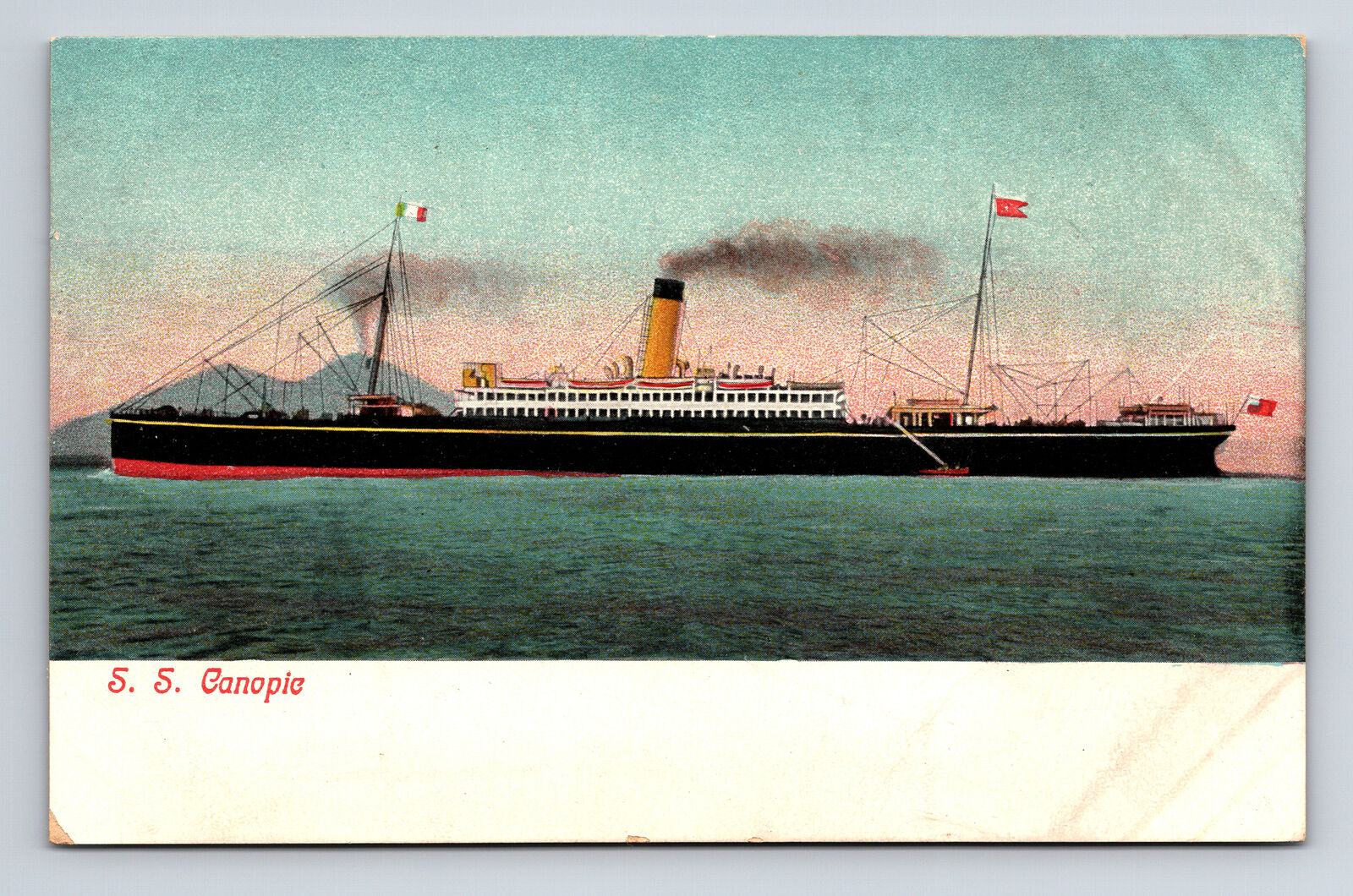 RARE White Star Line SS Canopic Passing Erupting Mt Vesuvius Volcano? Postcard