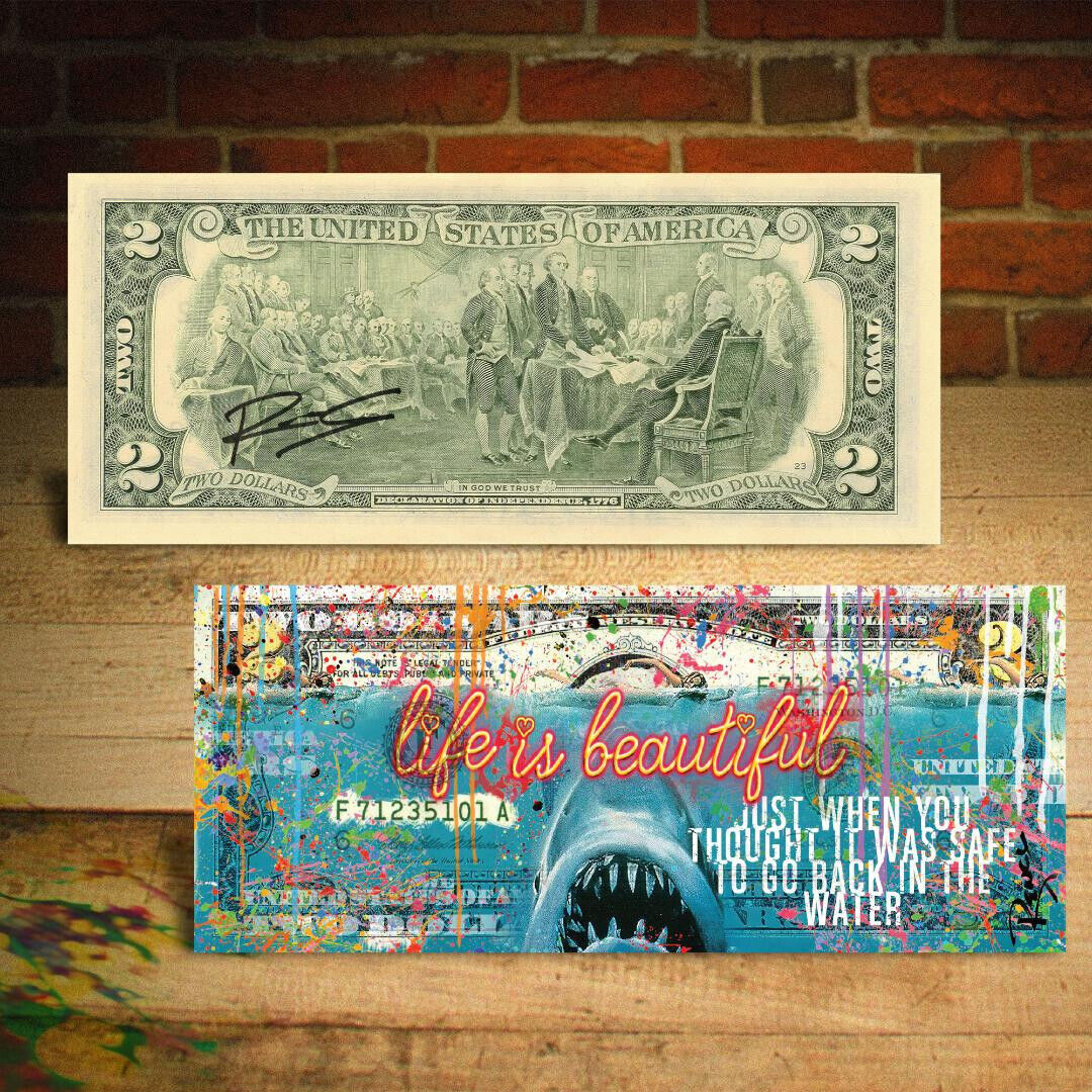 JAWS Great White Killer Shark $2 U.S. Bill Pop Art HAND-SIGNED by Artist Rency
