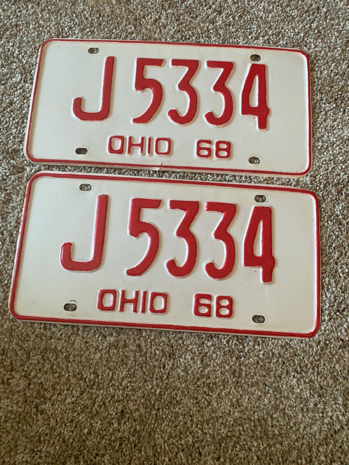 RED AND WHITE  1968 OHIO LICENSE PLATES
