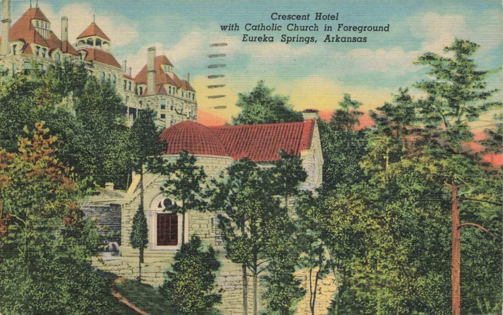 Postcard Crescent Hotel Catholic Church Eureka Springs Arkansas AK Linen 1955