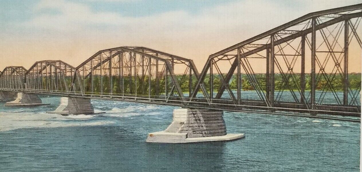 linen postcard International Bridge and Rapids at Sault STE. Marie Ontario PR