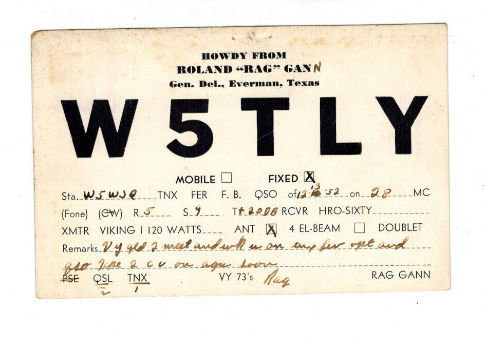 Ham Radio Vintage QSL Card     W5TLY   1952   Everman, Texas