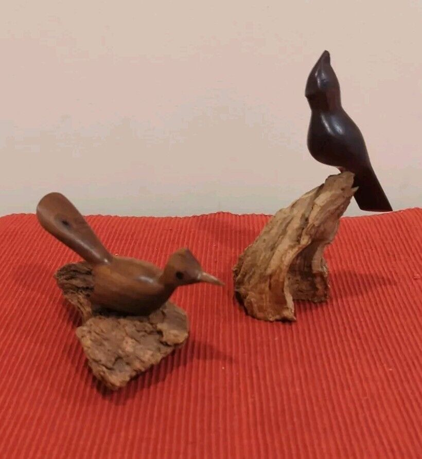 Primitive Pair of Hand Carved Wooden Birds on Driftwood Base