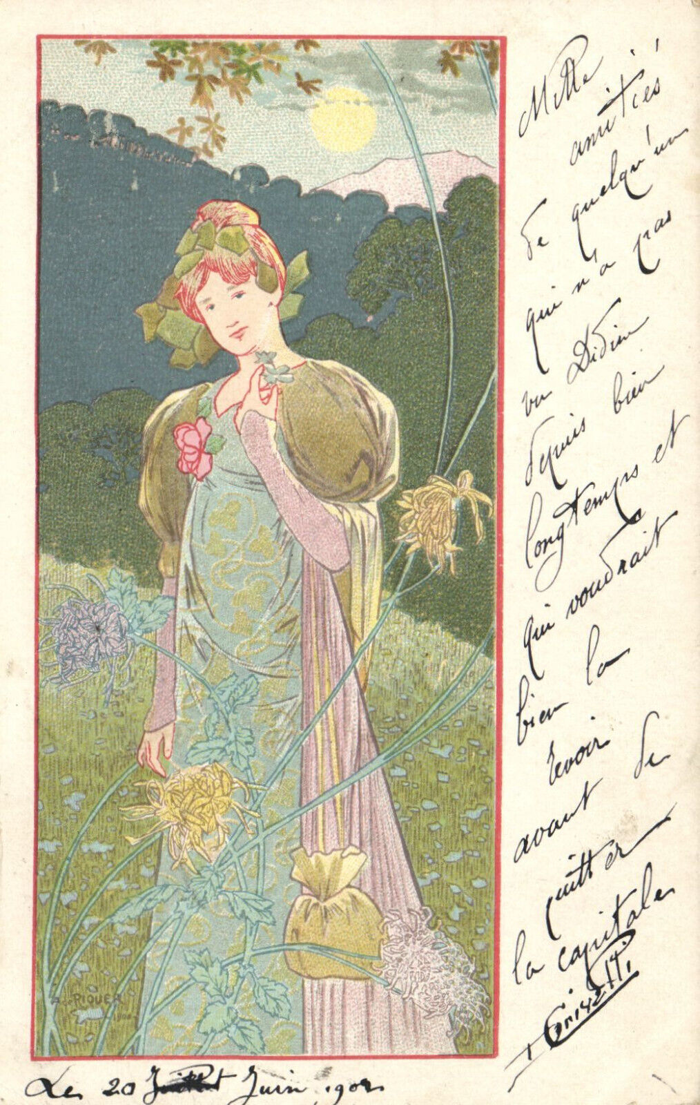 PC ARTIST SIGNED, RIQUER, ART NOUVEAU, FLOWERS, Vintage Postcard (b52162)