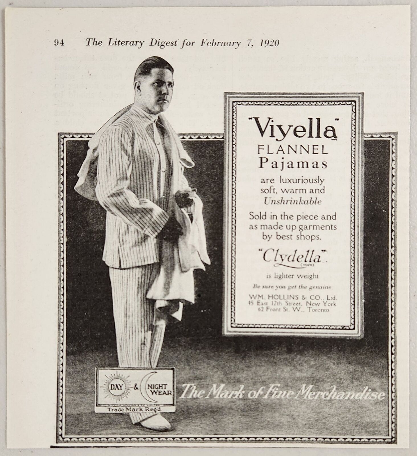 1920 Print Ad Viyella & Clydella Flannel Pajamas New York,NY
