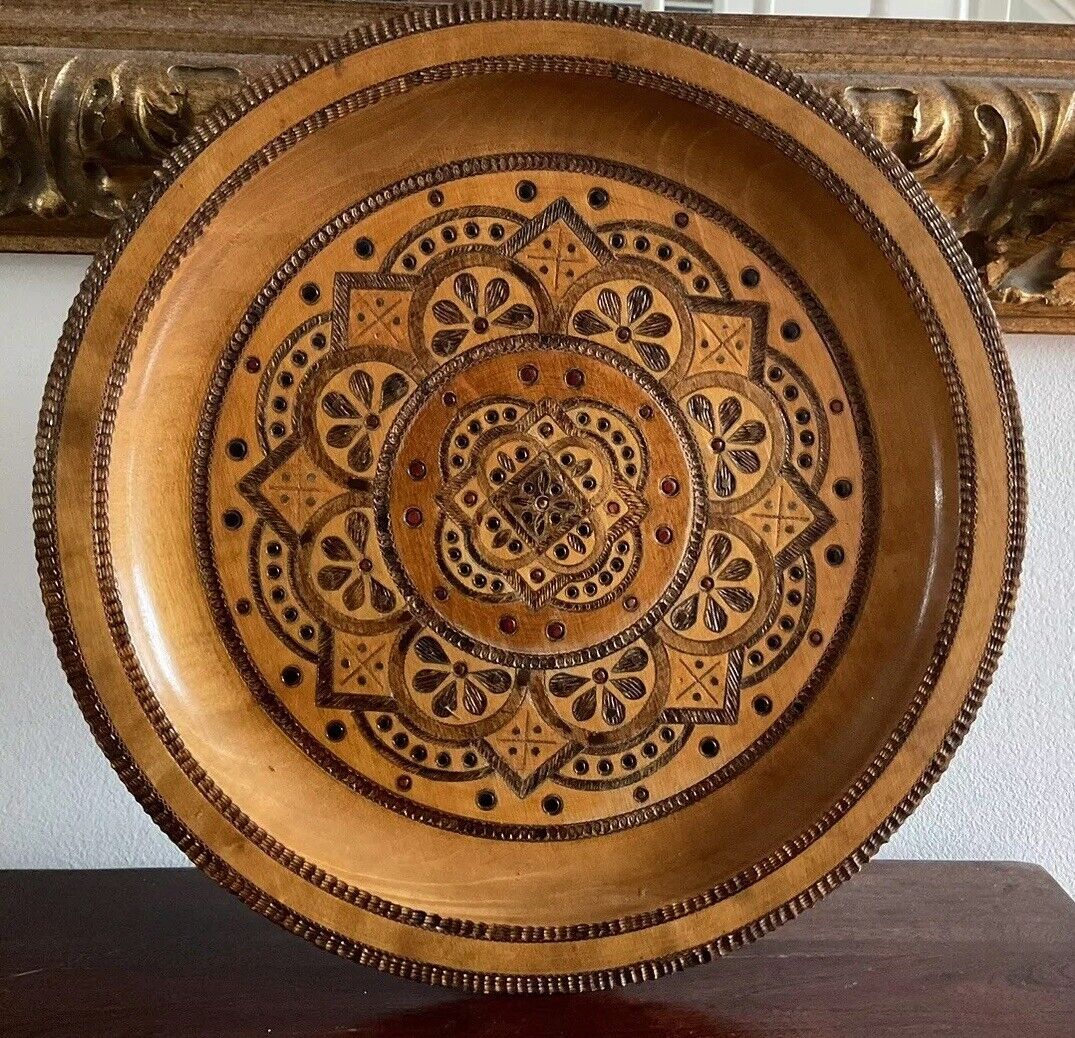 Lovely Vintage Polish Floral Folk Art Wood Carved Plate/tray