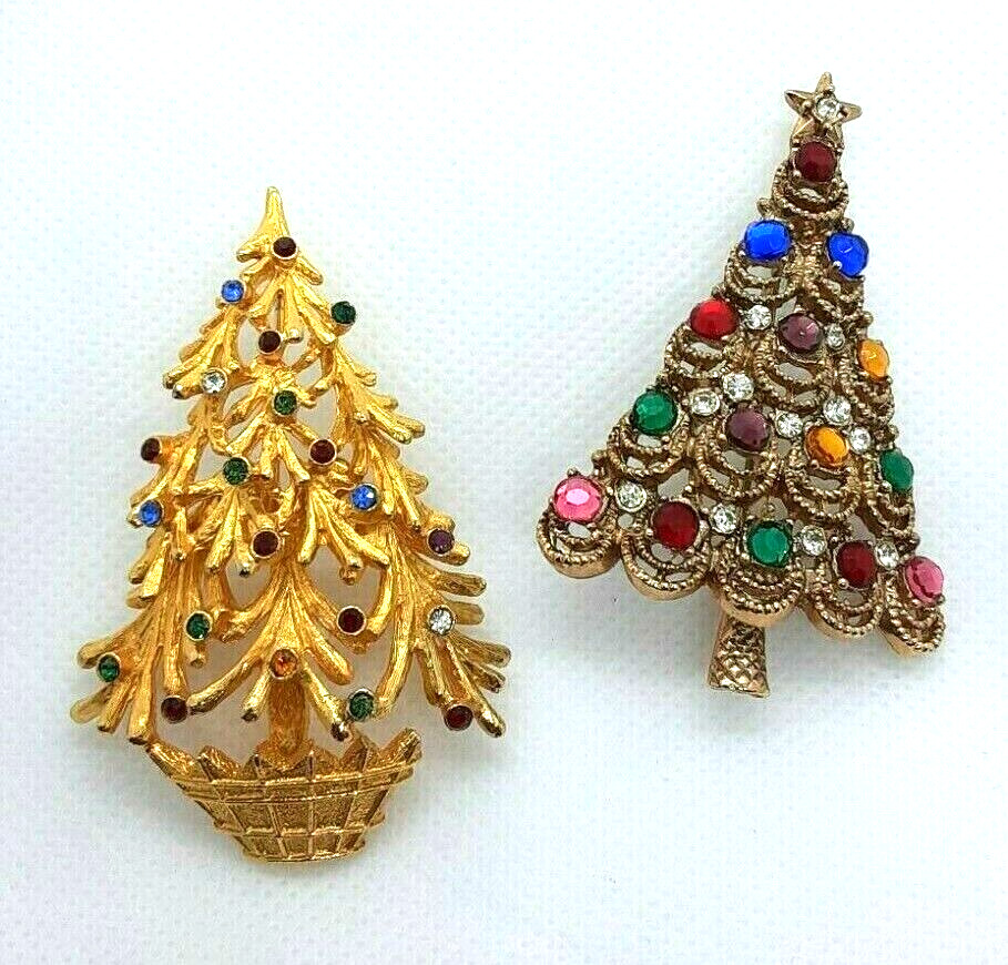 2 PC ASSORTED CHRISTMAS TREE PIN BROOCHES (1) IS MYLU BOTH EXCELLENT