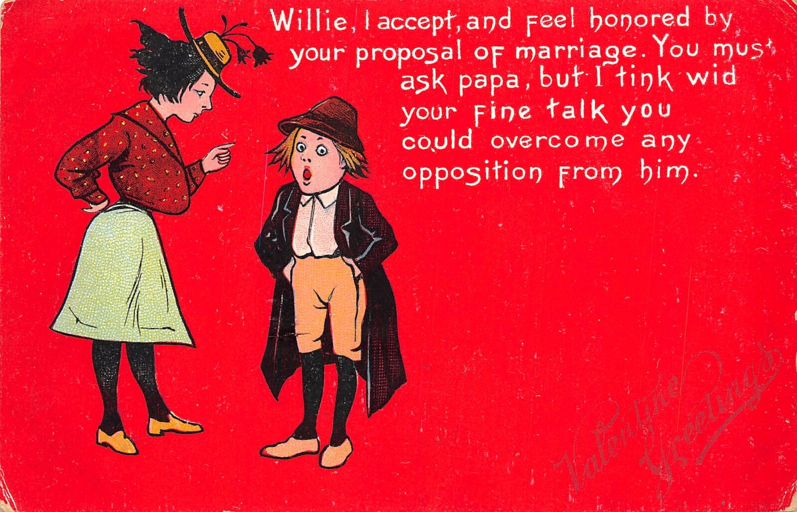 TUCK Valentine~Willie Wid His Fine Talk Proposes Marriage~Girl in Shabby Hat~Red