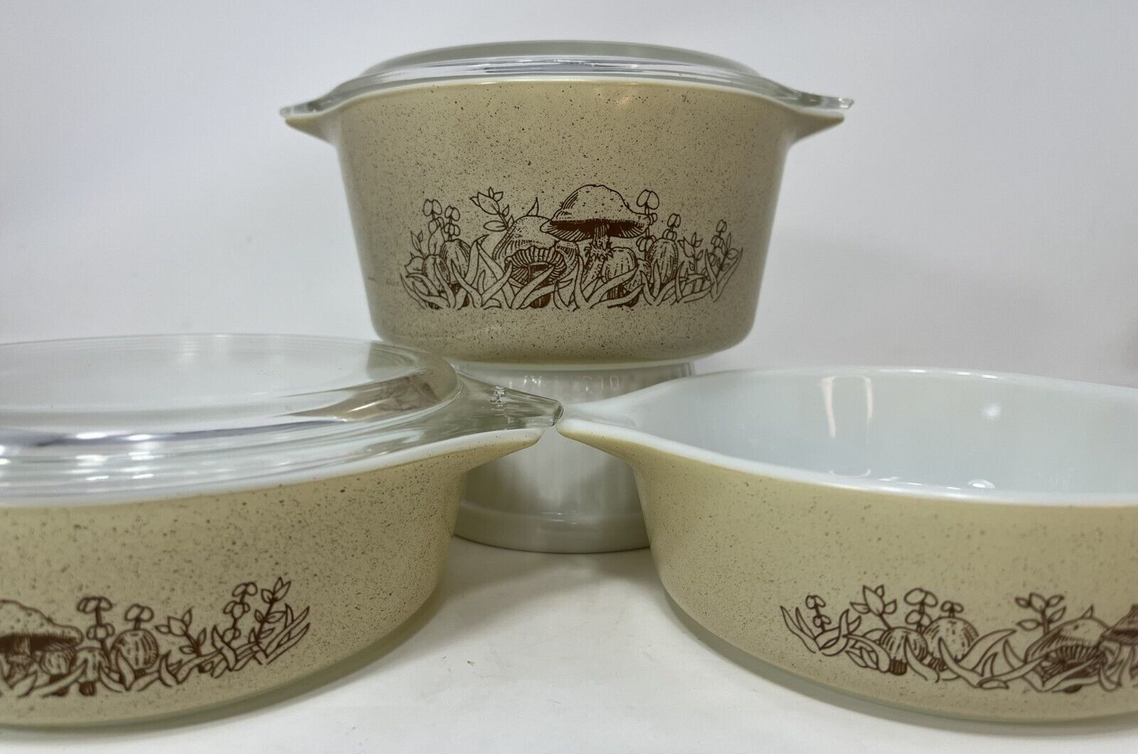 Vintage PYREX Forest Fancies - 3 Casserole Dishes with 2 Glass Lids