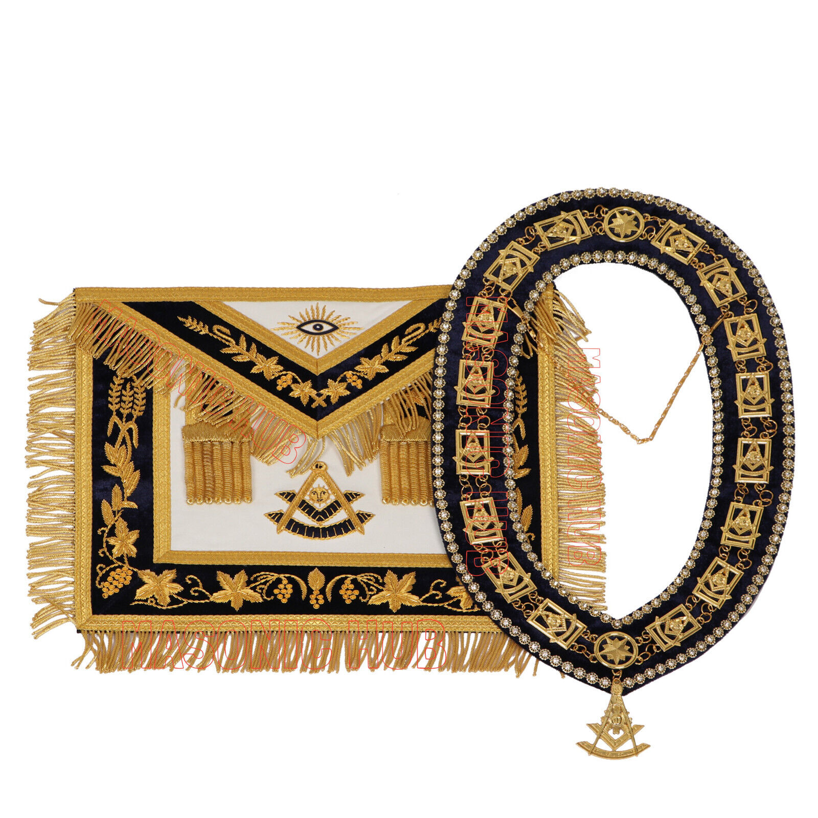Masonic Past Master 100% Lambskin Apron Navy Blue & Chain Collar + Free Jewel