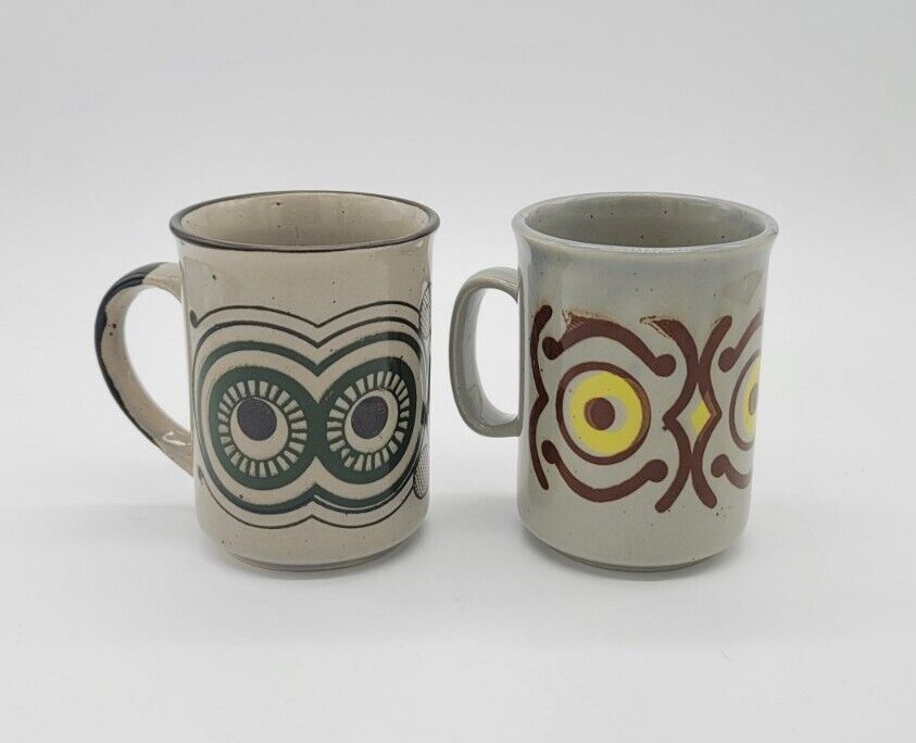 Pair of Vintage Otagiri Speckled Stoneware Coffee Mug Cup MCM Abstract Owl Eyes 
