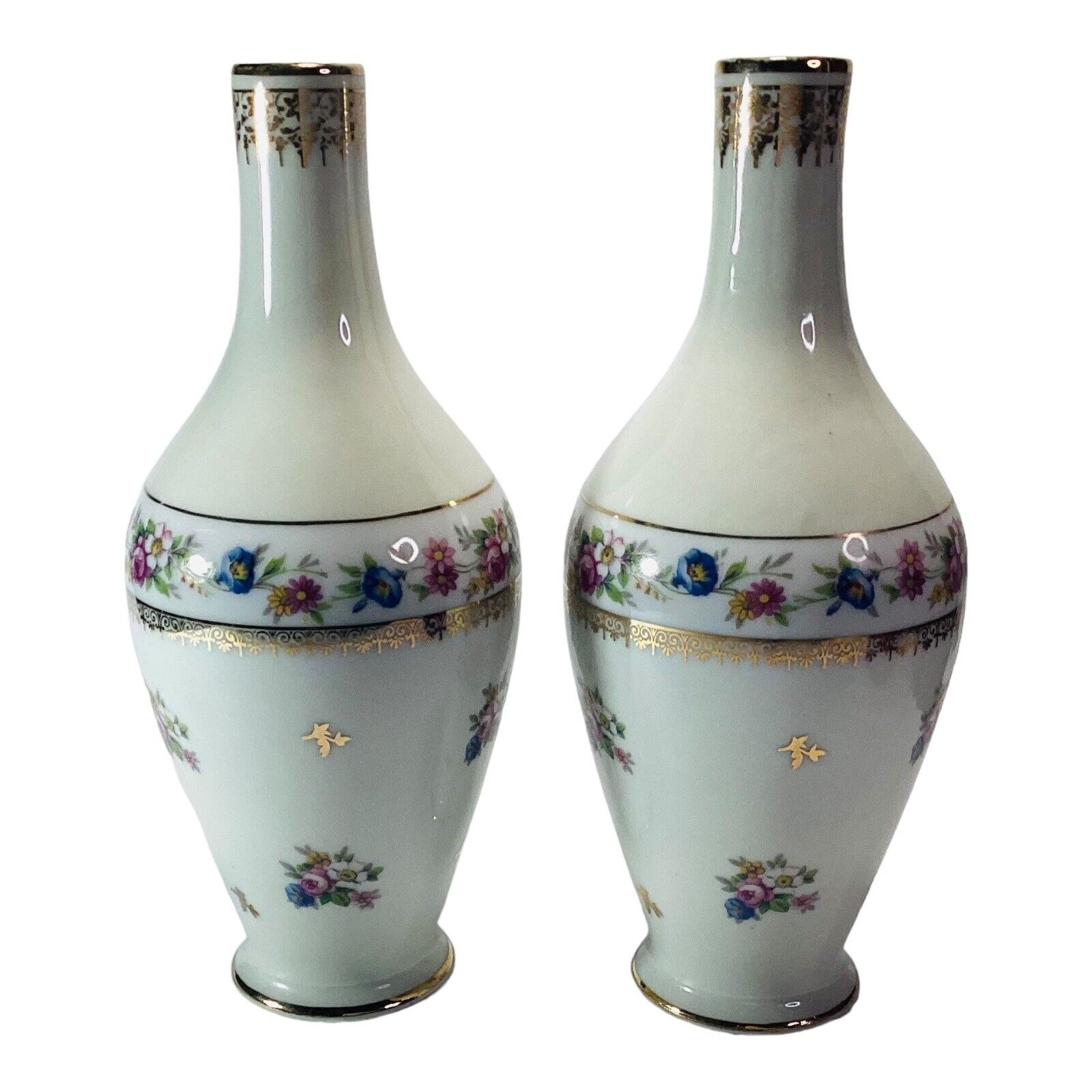 Porcelain Artistique FM Limoges France Pair Vases Floral Gold 