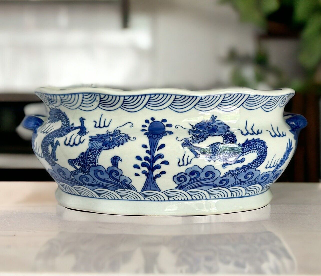 New VTG 15” BOMBAY COMPANY Blue White Chinese Porcelain Large Oval Bowl Planter