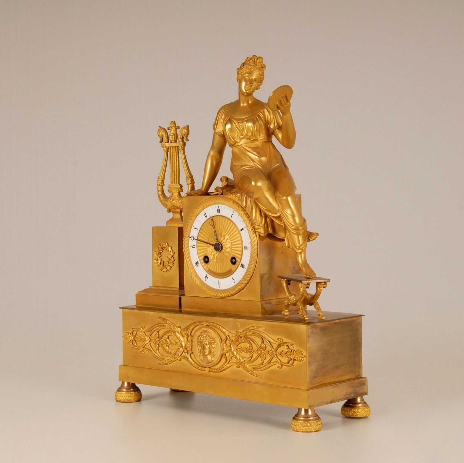 Antique French Figural Mantel Clock Mercury Gilded Bronze 22K Empire Napoleonic