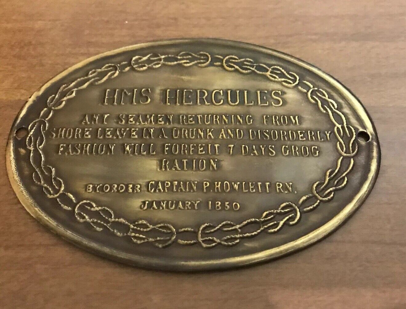 HMS Hercules Copper Plaque - 1850 (replica) Captain P. Howlett R.N. Vintage