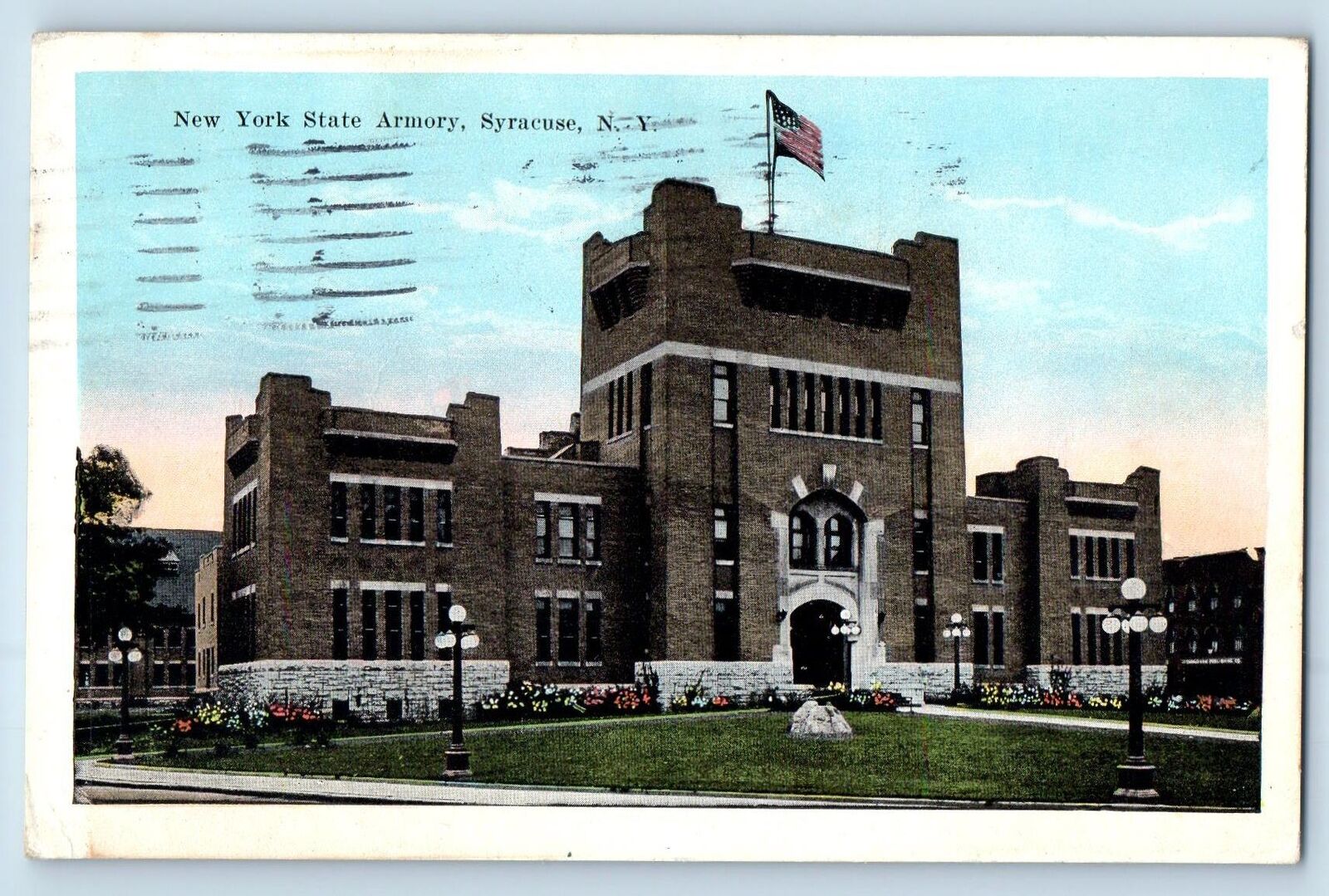 Syracuse New York NY Postcard New York State Armory Building Exterior 1927 Flag