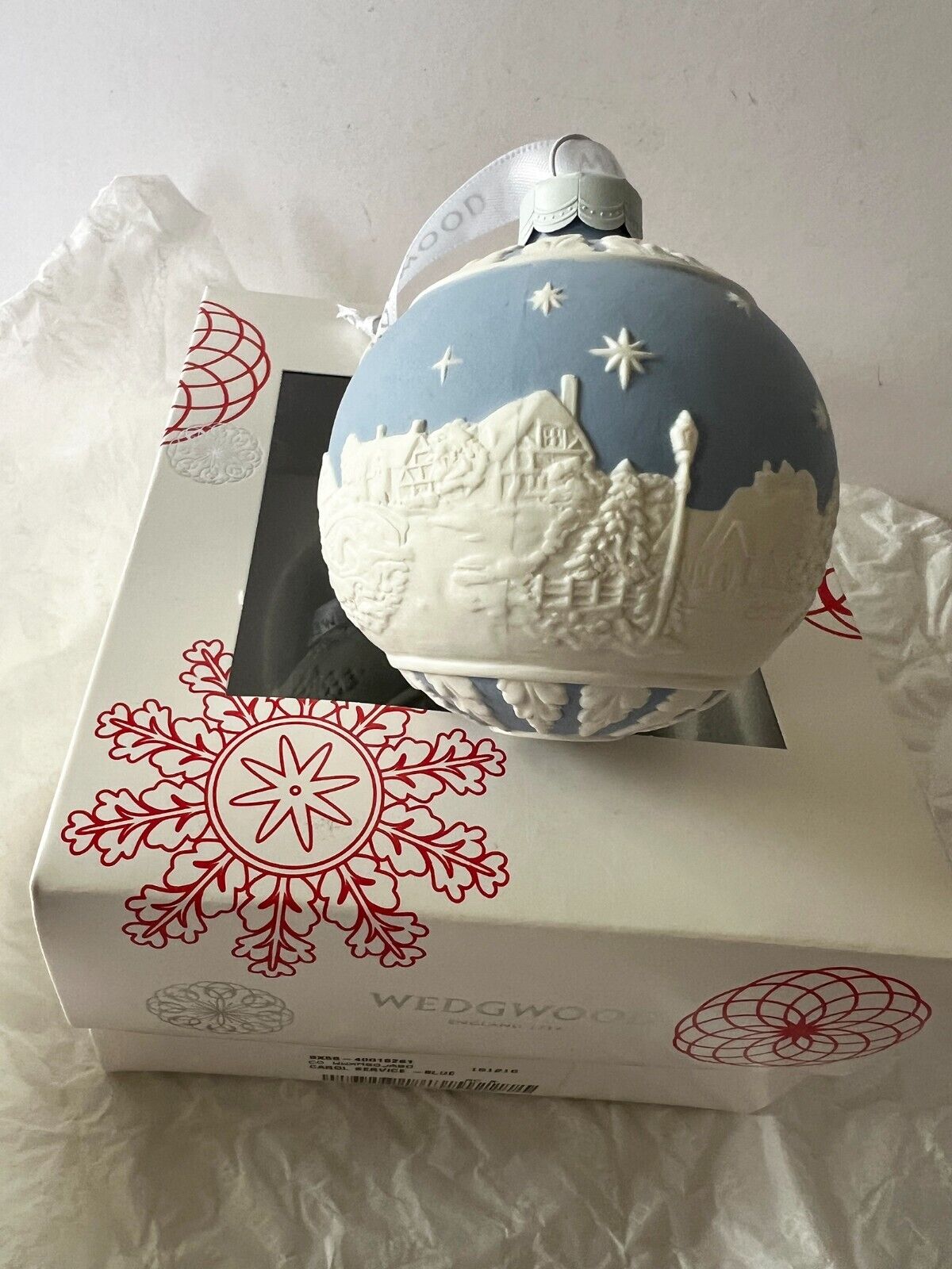 Wedgwood Christmas Carol Service Blue Bauble Ball Ornament Box + Tags