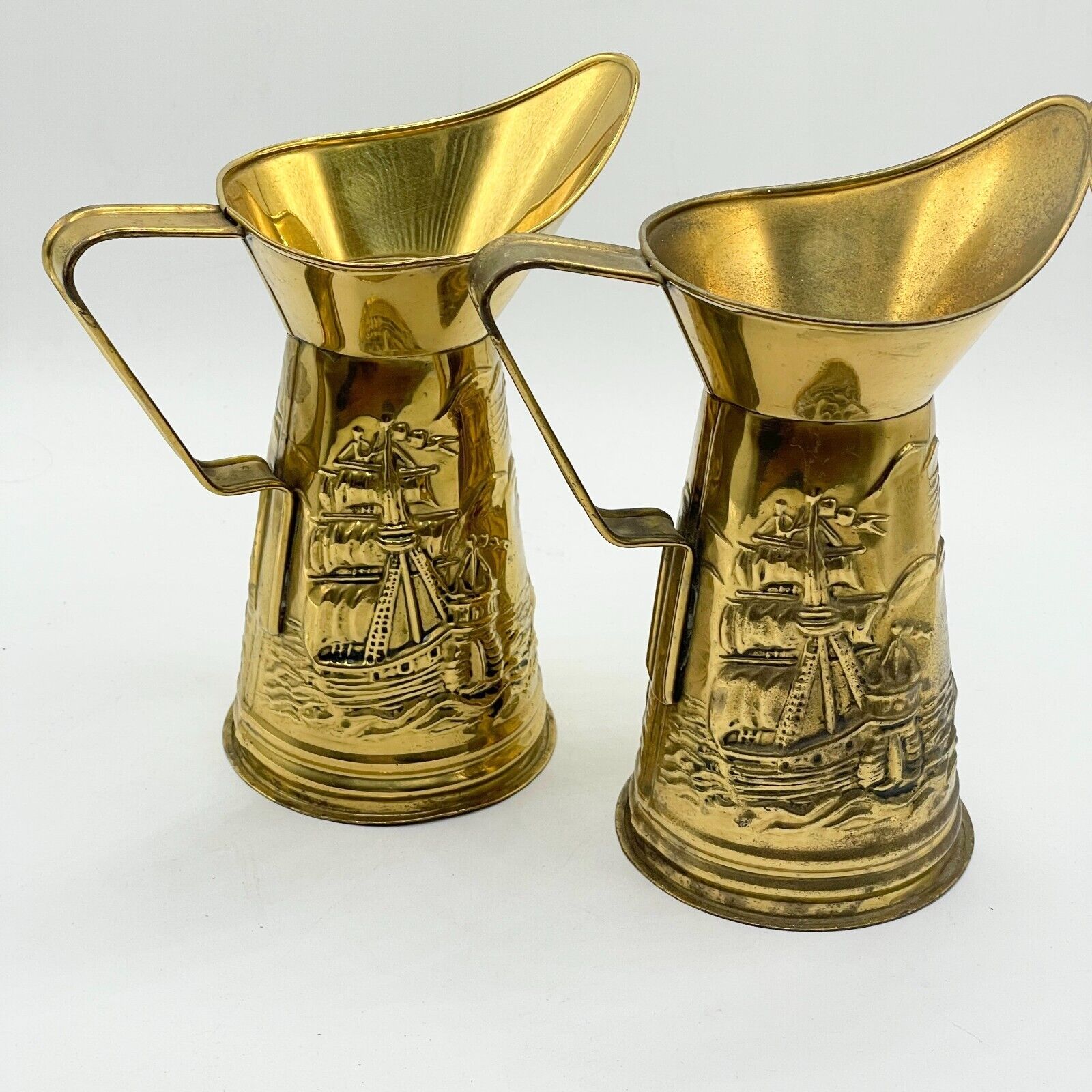 Peerage Vintage Brass Jugs Set/2 Ships Lighthouse Original Sticker Made England
