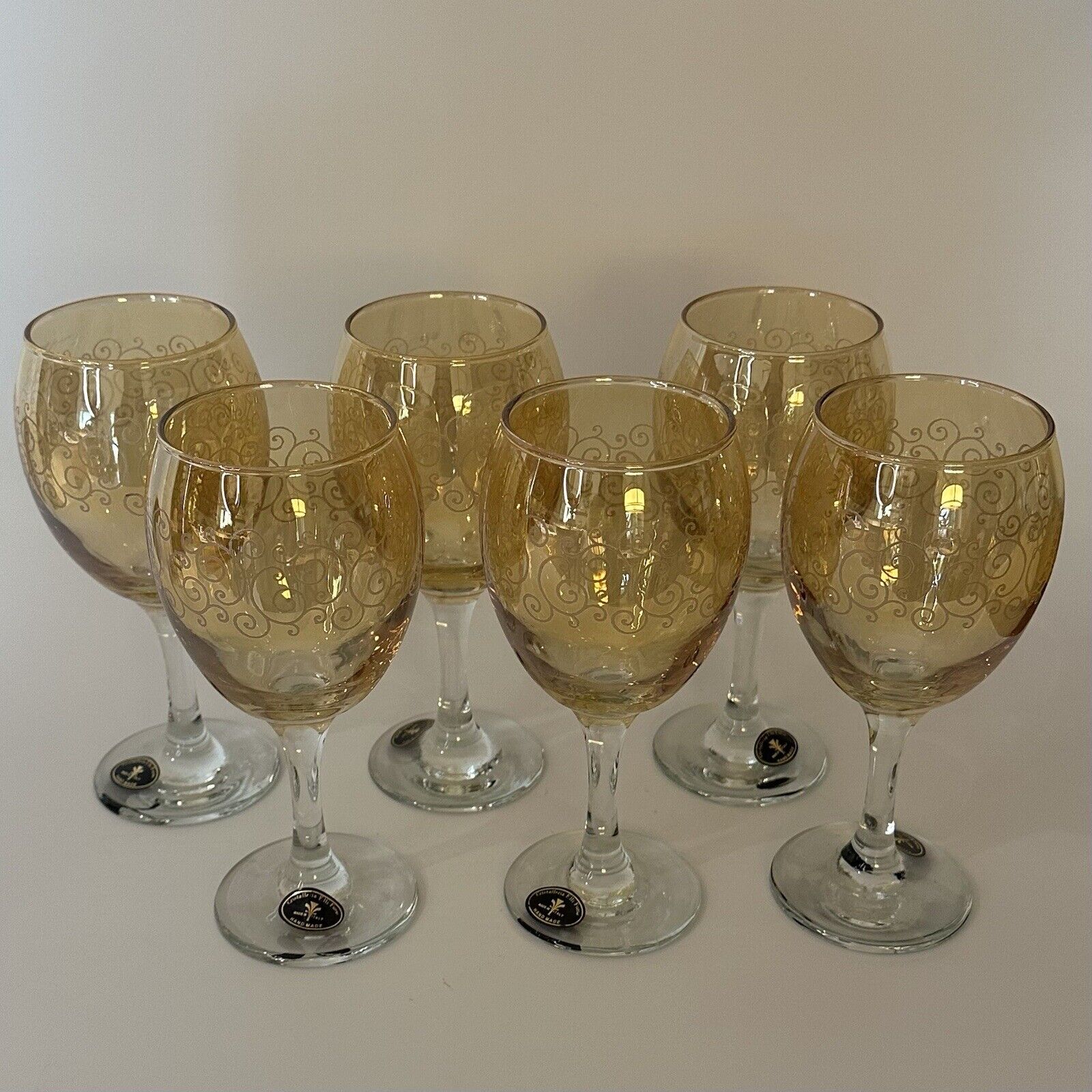 Cristalleria Fumo Handmade Wine Glasses Italy Glass Etched - Set of 6