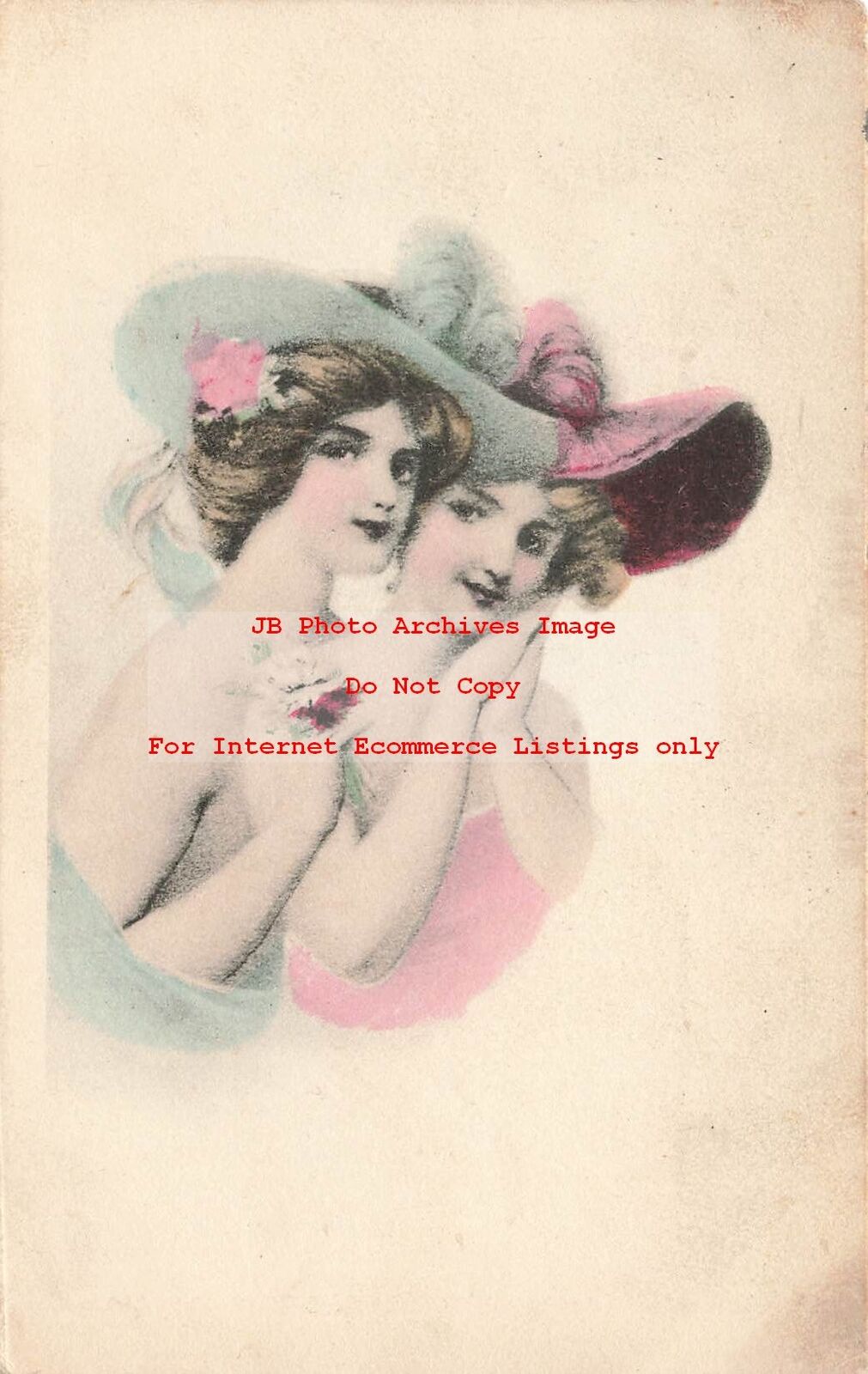 Unknown Artist, Hand Colored Pretty Woman with Fancy Hats