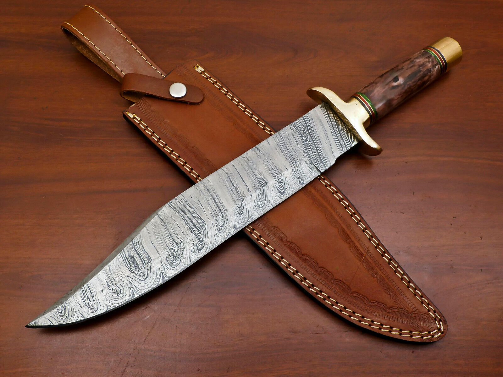 CUSTOM FORGED HAND MADE DAMASCUS BLADE BOWIE HUNTING KNIFE- BONE/BRASS - HB-4345