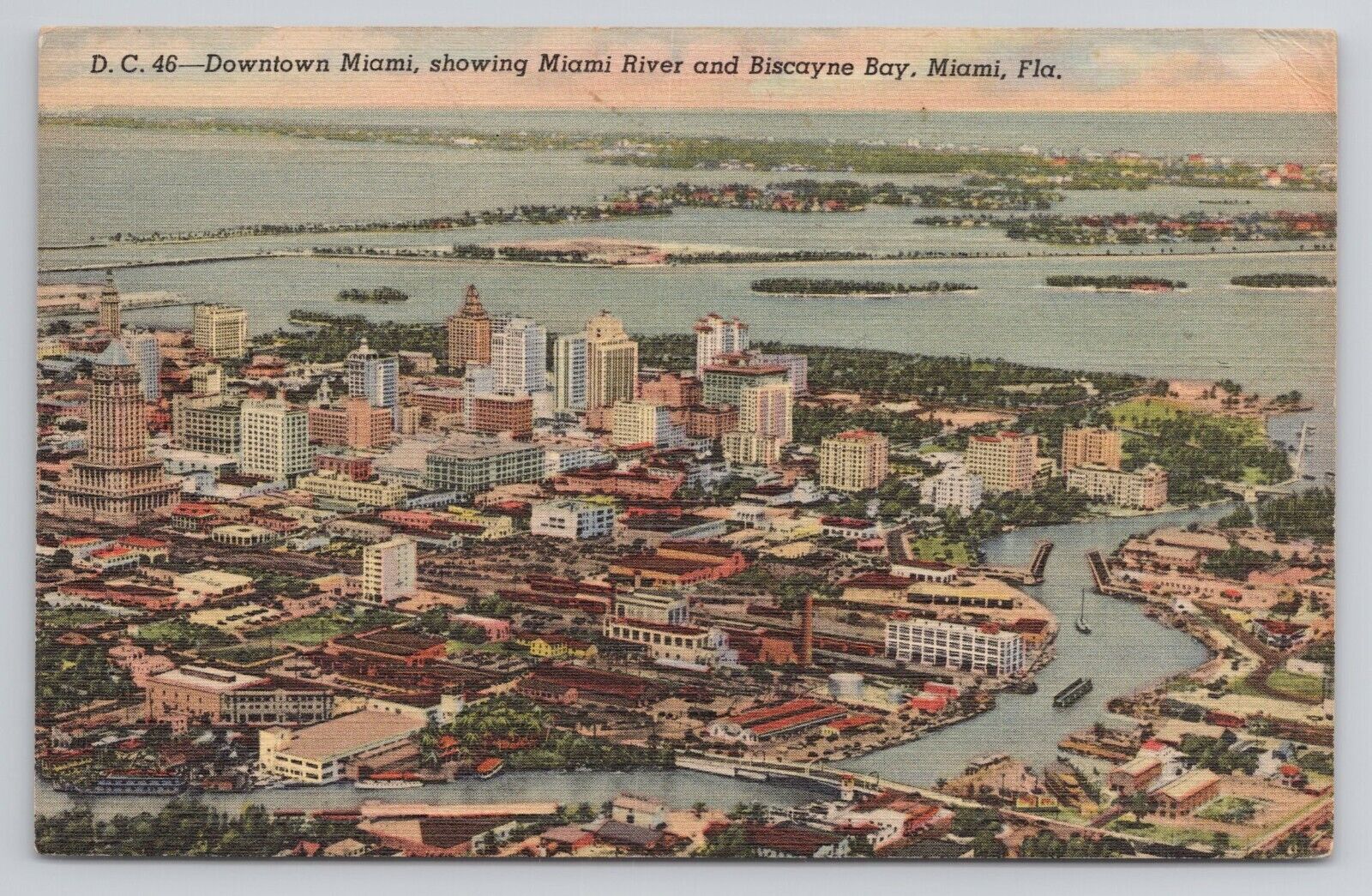 Postcard Downtown Miami Showing Miami River And Biscayne Bay Miami Florida 1946