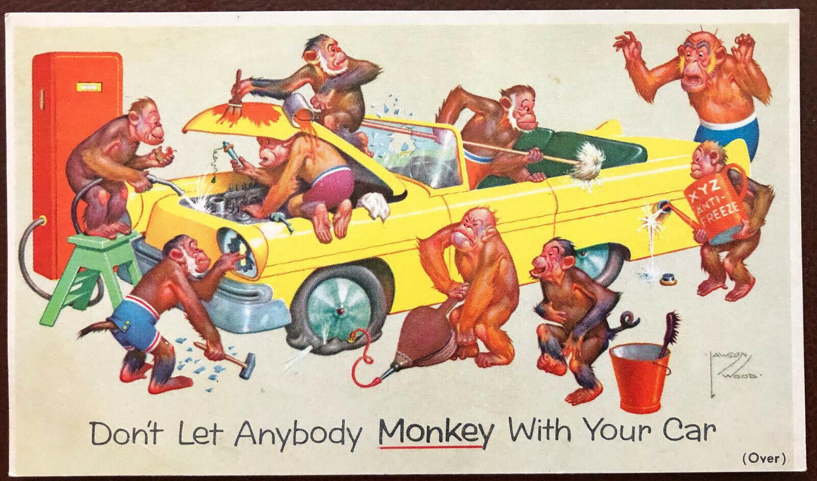 Prestone Anti-Freeze Adv. Card; Art by Lawson Wood; Monkey Mechanics Monkeyshine