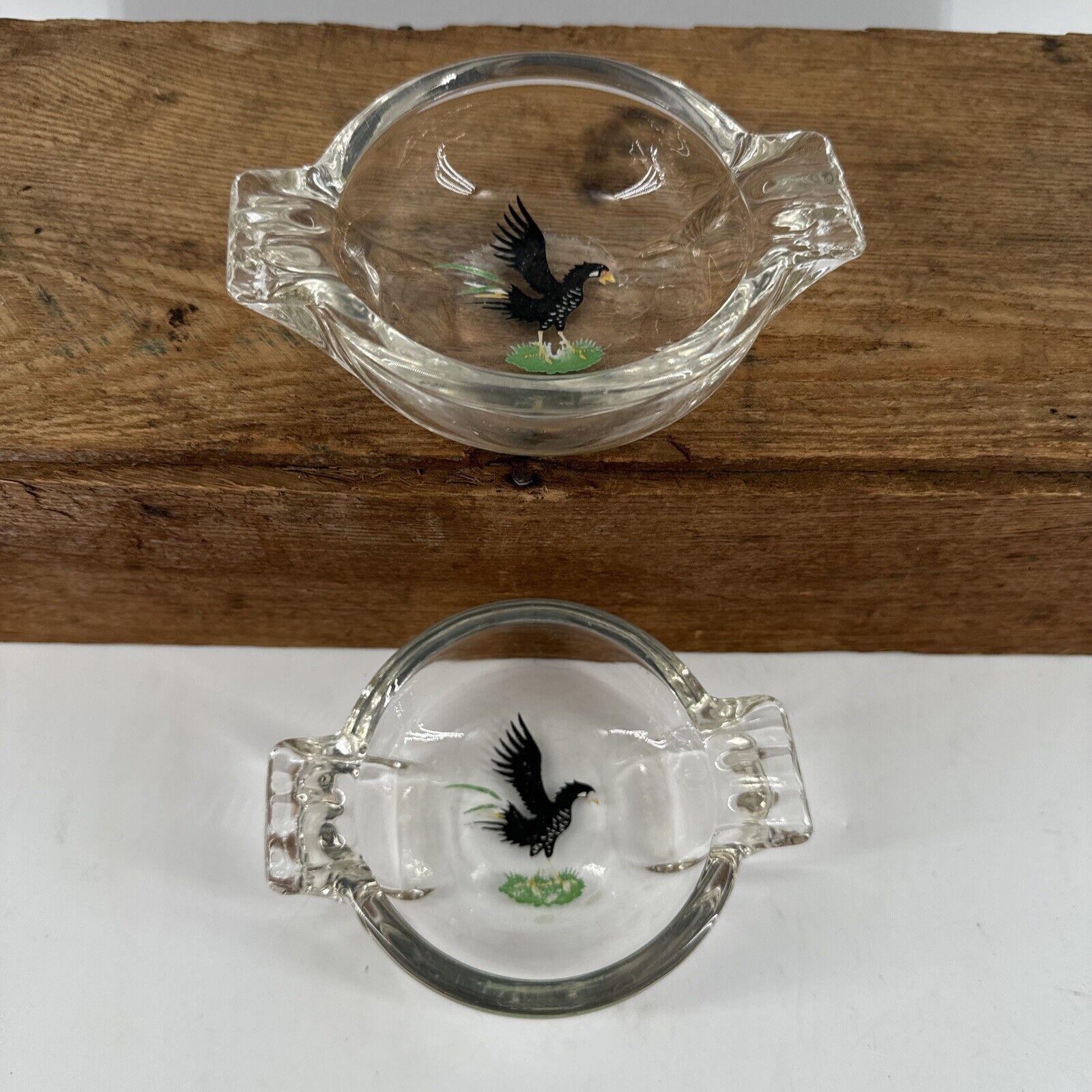 Ashtrays Two Black Rooster Crowing Sport King Federal Heavy Glass MCM Vintage