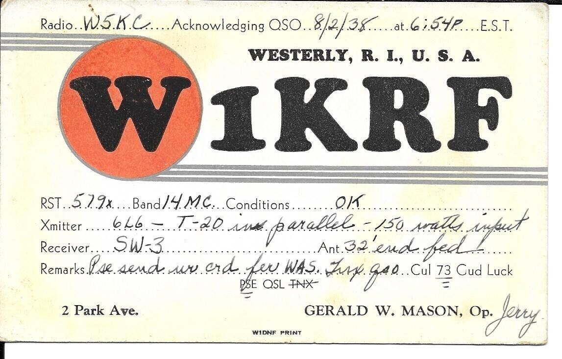 QSL  1938 Westerly Rhode Island     radio card