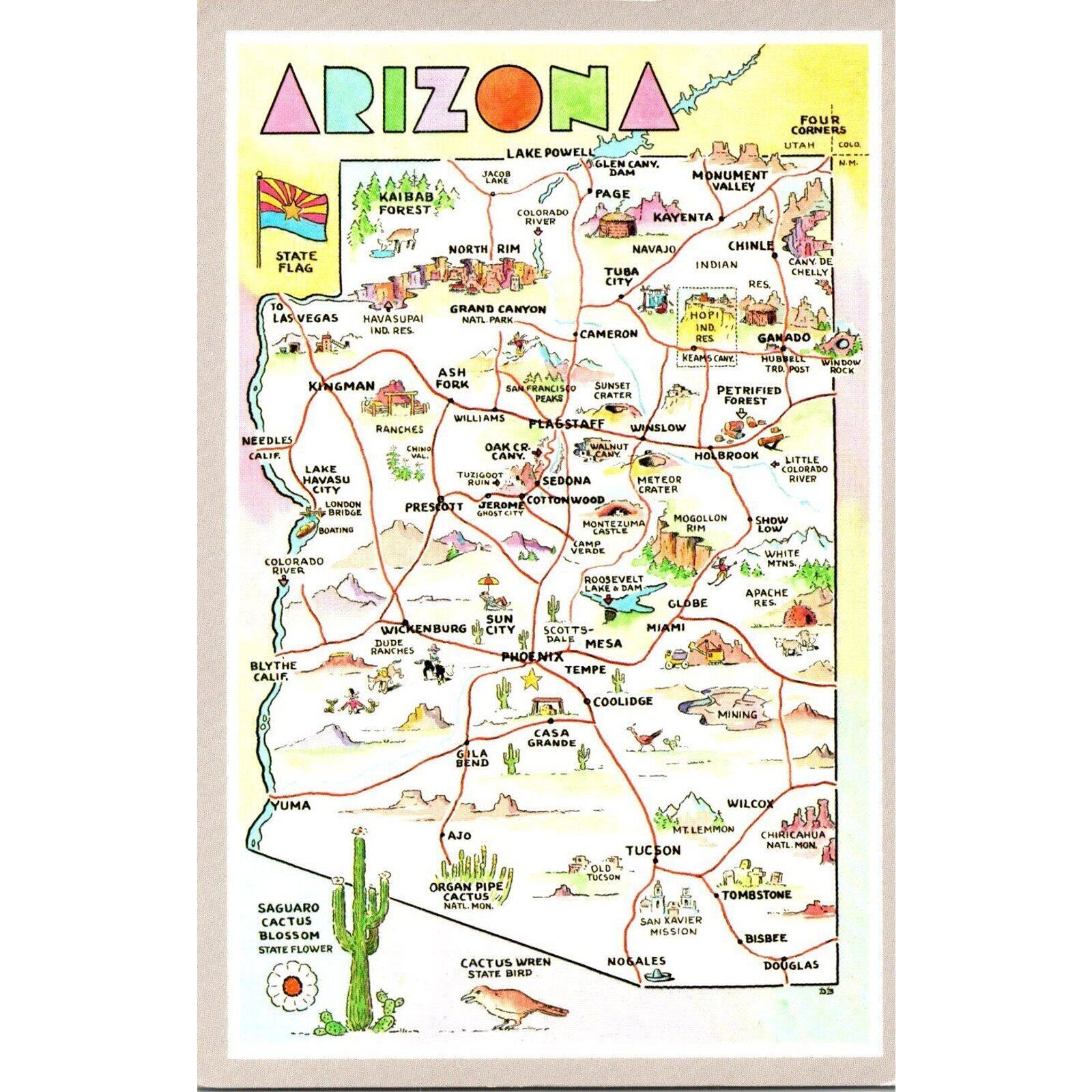 Postcard Arizona Grand Canyon State Map With State Flower and Bird