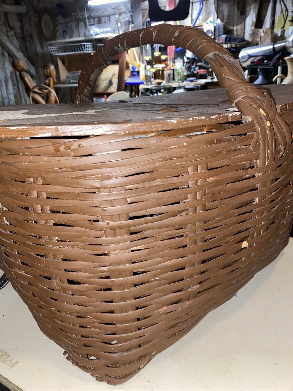 Primitive, Adirondack hand woven, massive, picnic basket, folk, art dear storage