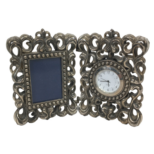 Silver-Plated Picture Frame & Clock Desk Top Beautiful Ornate Scroll Work Design
