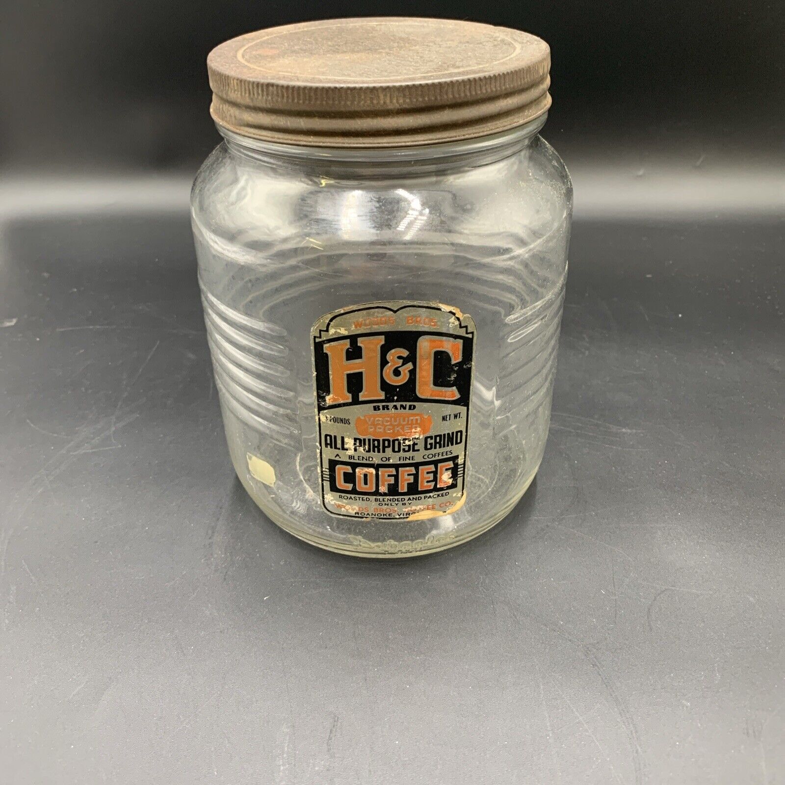 Vintage H & C Coffee Jar Roanoke VA Woods Bros Coffee Co.  3lb Duraglass Jar Lid