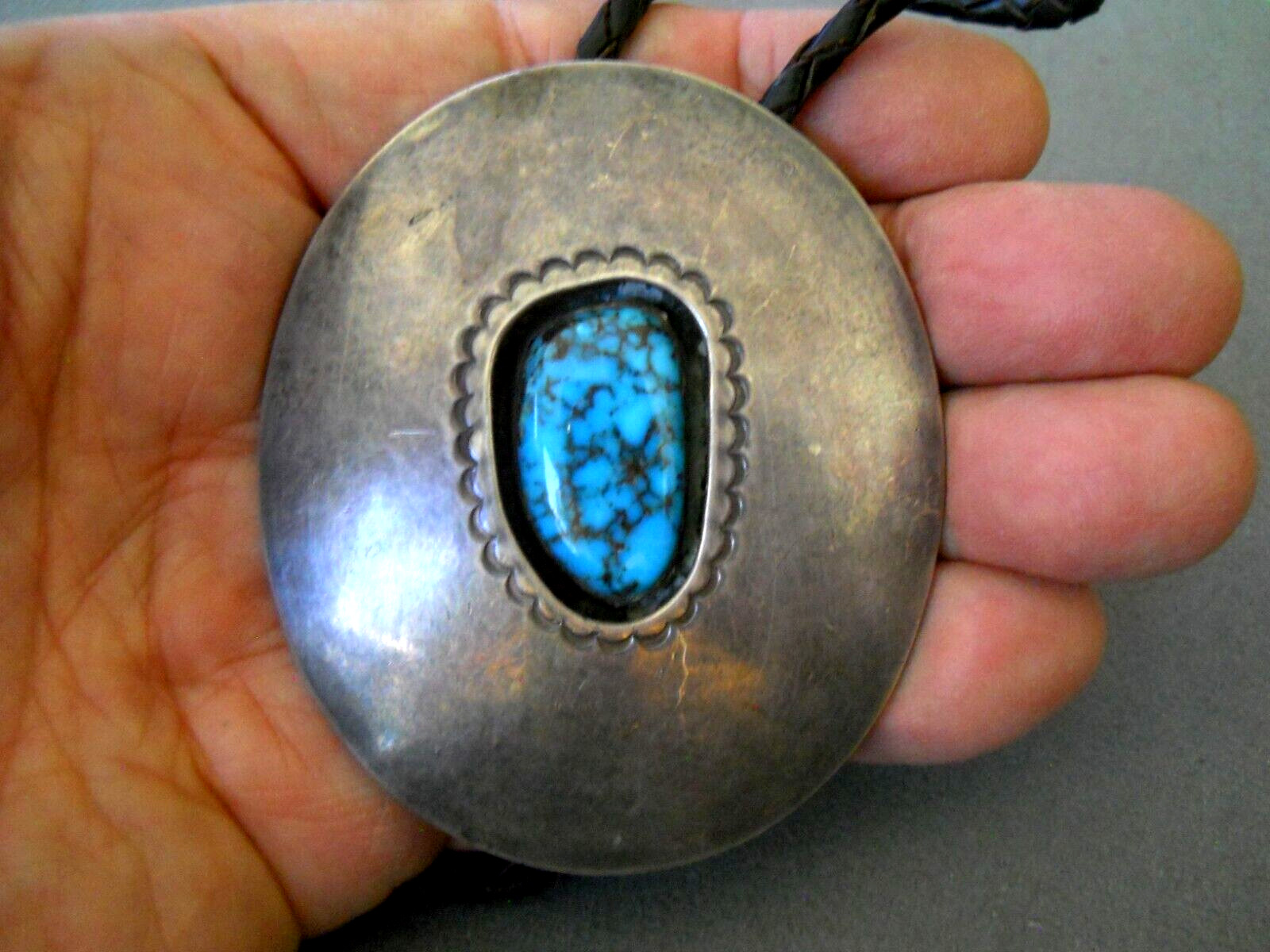 OLD Native American Navajo Spiderweb Turquoise Sterling Silver Etched Bolo Tie