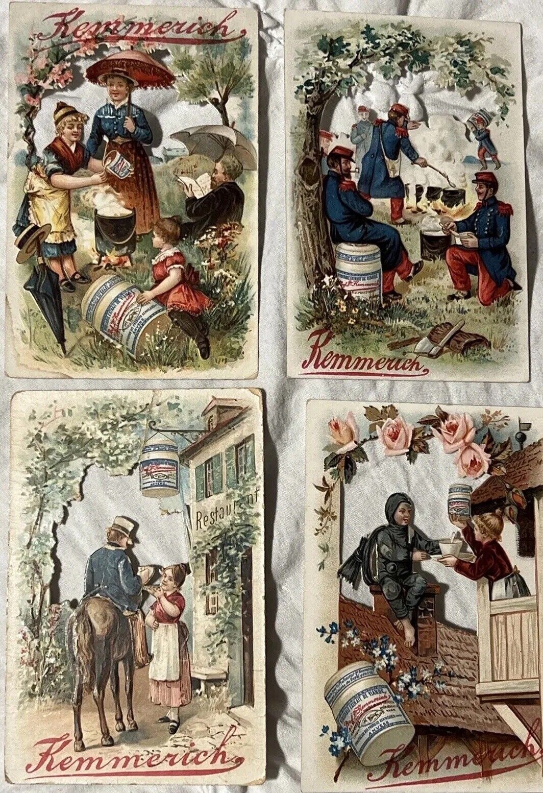 1889 Original French Kemmerich Die Cut Trade Cards Paris 4 Card Lot Vintage Ads
