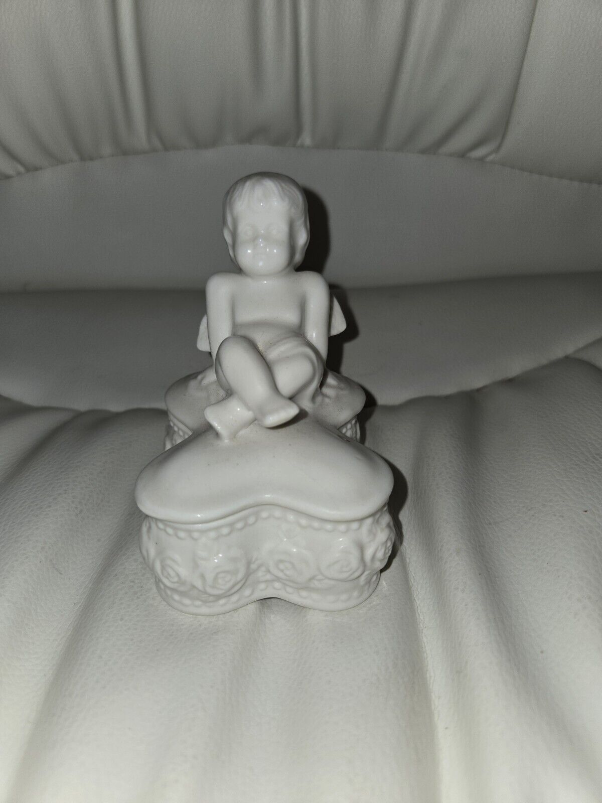 Vintage White Porcelain Lounging Cherub Trinket Box Great For Your Vanity