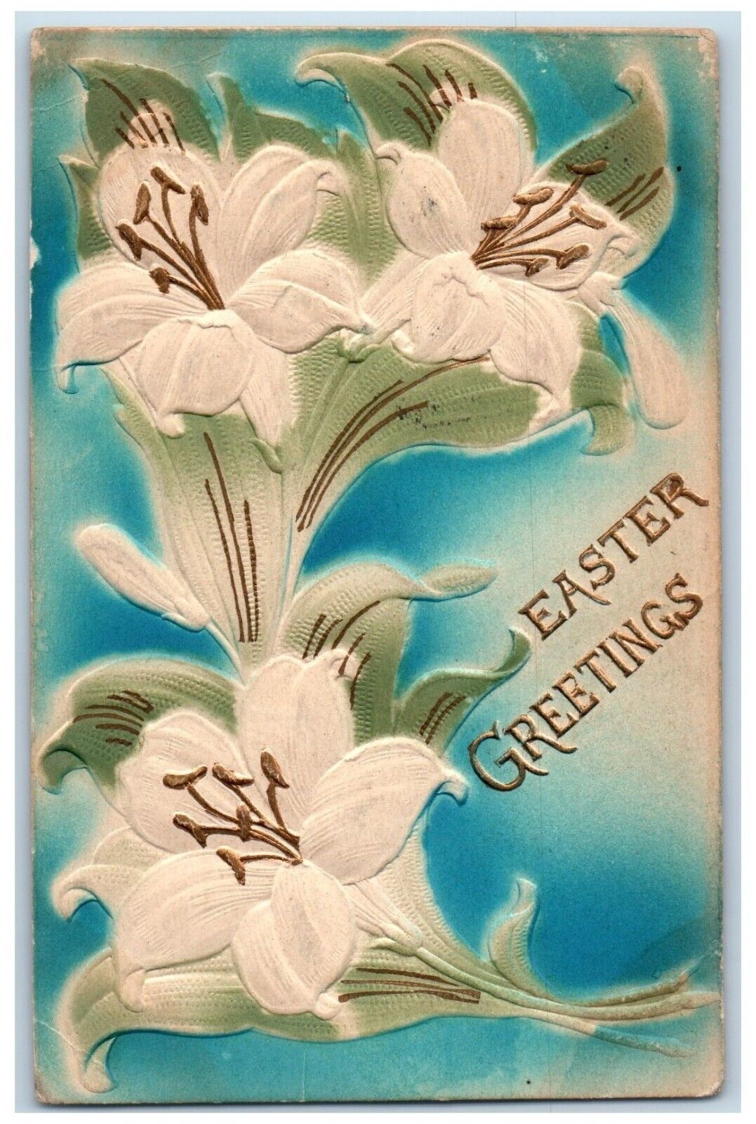 c1910's Easter Greetings Lilies Flowers Airbrushed Embossed Antique Postcard