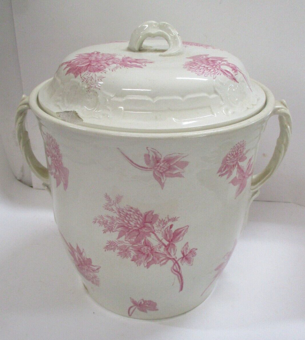 Large Antique Pink Transferware Cache Chamber Pot