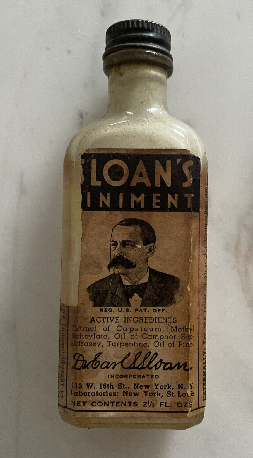 Antique 1930s Glass Bottle Of Sloan’s Liniment 2.5 Fl Oz Paper  Apothecary Label