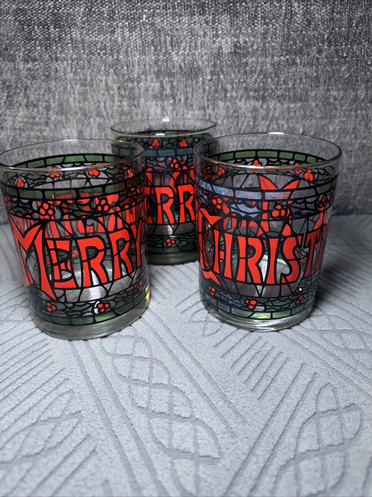 Vintage Houze SEASON\'S GREETINGS Stained Glass Christmas Glassware Set Of 3