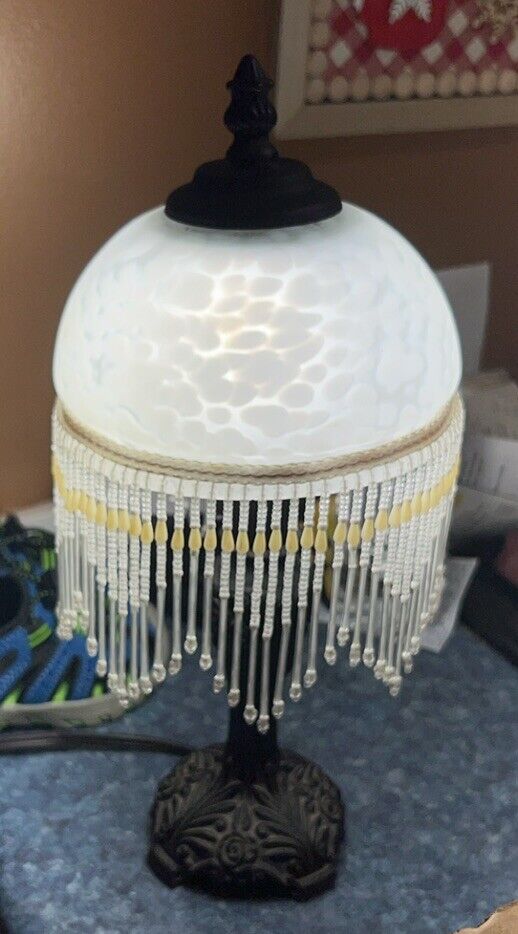 Vintage Frosted Glass “With Roses” Mini Dome Parlor Lamp With Beaded Fringe