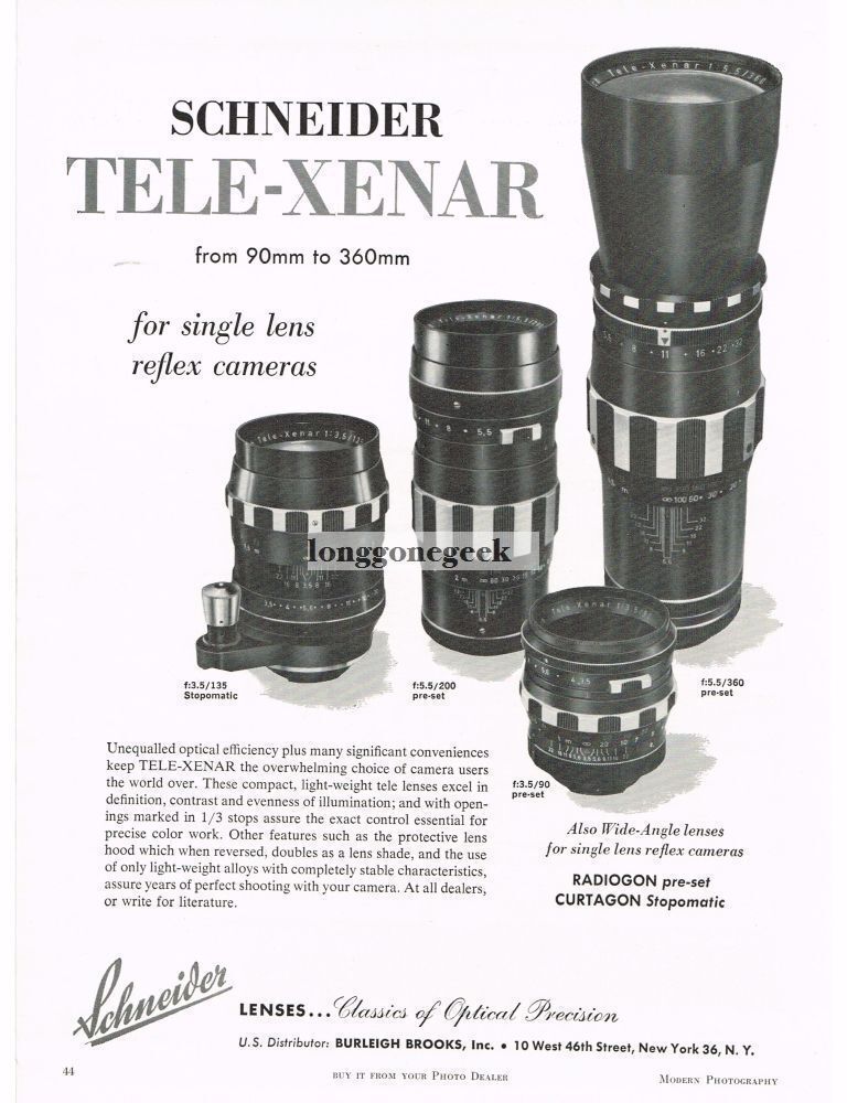 1958 Schneider Tele-Xenar Telephoto lens 35mm SLR cameras Vintage Print Ad 