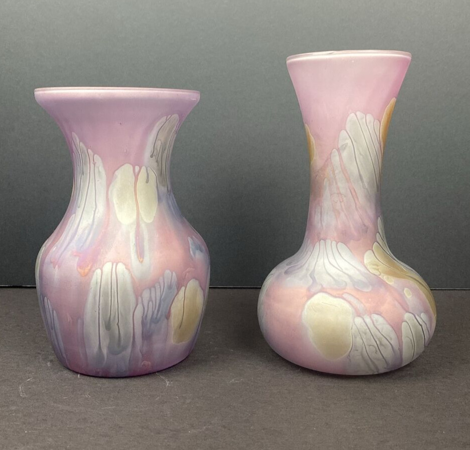 Art Nouveau Glass Rueven Pair Vases 2 Lot Purple Frosted Vintage Pastels Drip