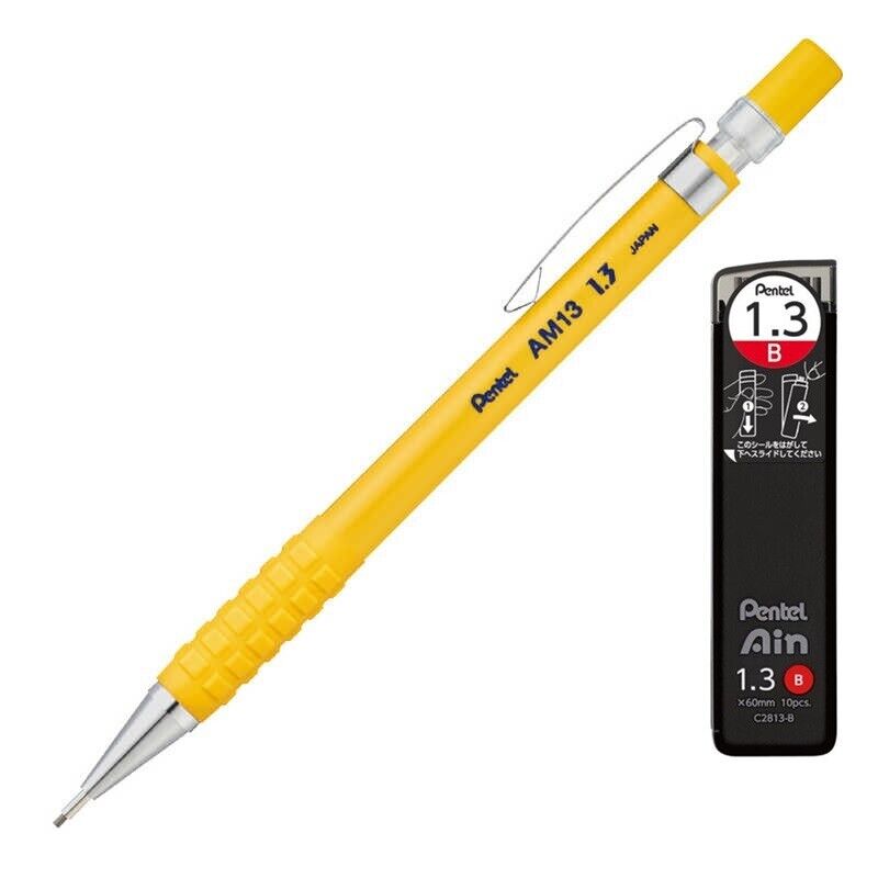 Pentel Mechanical Pencil AMAIN 1.3mm Yellow AND 10Lead Refills, MADE IN JAPAN