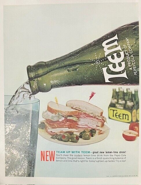 1961 Original Vintage Teem Soda Like Sprite & 7Up Pop Drink Advertisement Ad