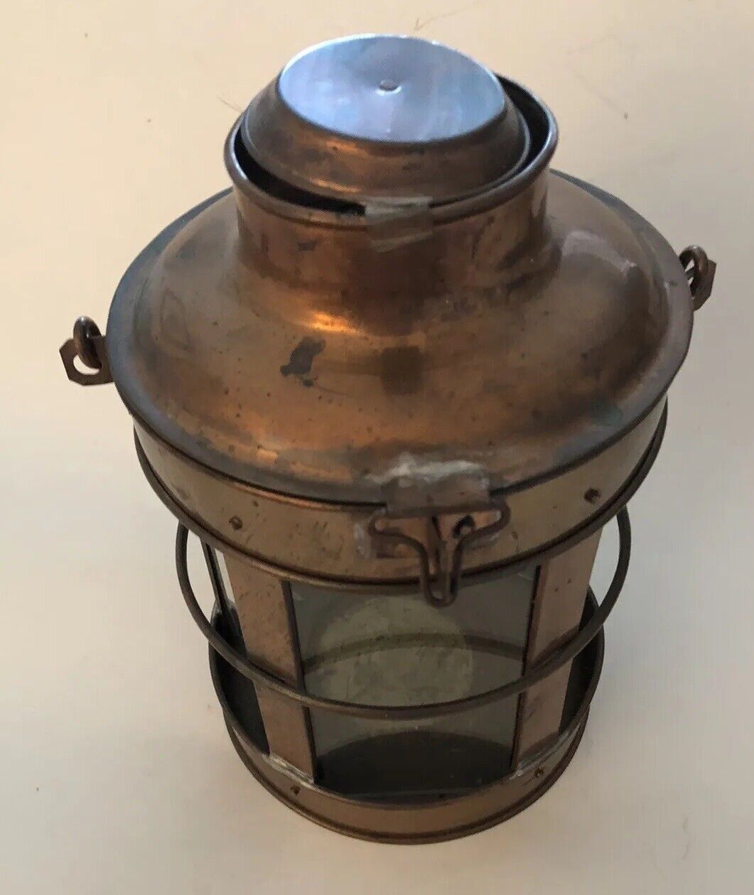 VINTAGE RUSTIC COPPER & GLASS NAUTICAL TYPE CANDLE HOLDER LANTERN 11\