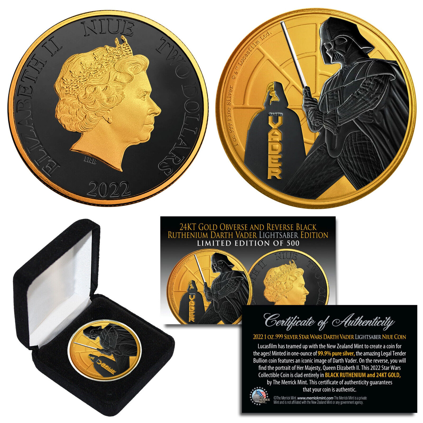 2022 NZM 1 oz Silver STAR WARS Coin 24K Gold Clad & BLACK RUTHENIUM DARTH VADER